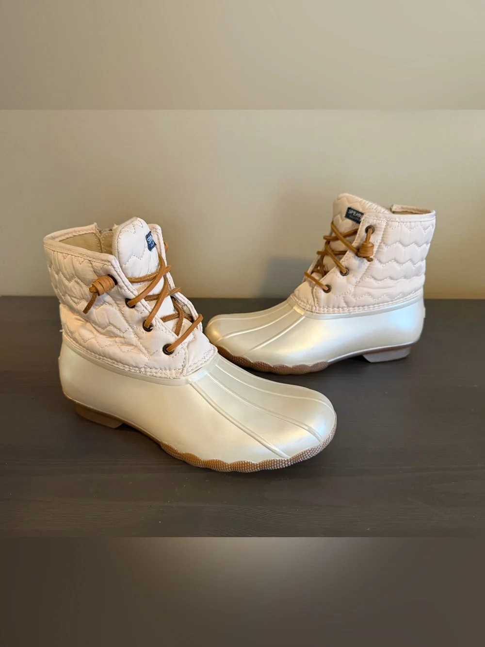 Sperry Cream Quilted Duck Boots with Tan Laces